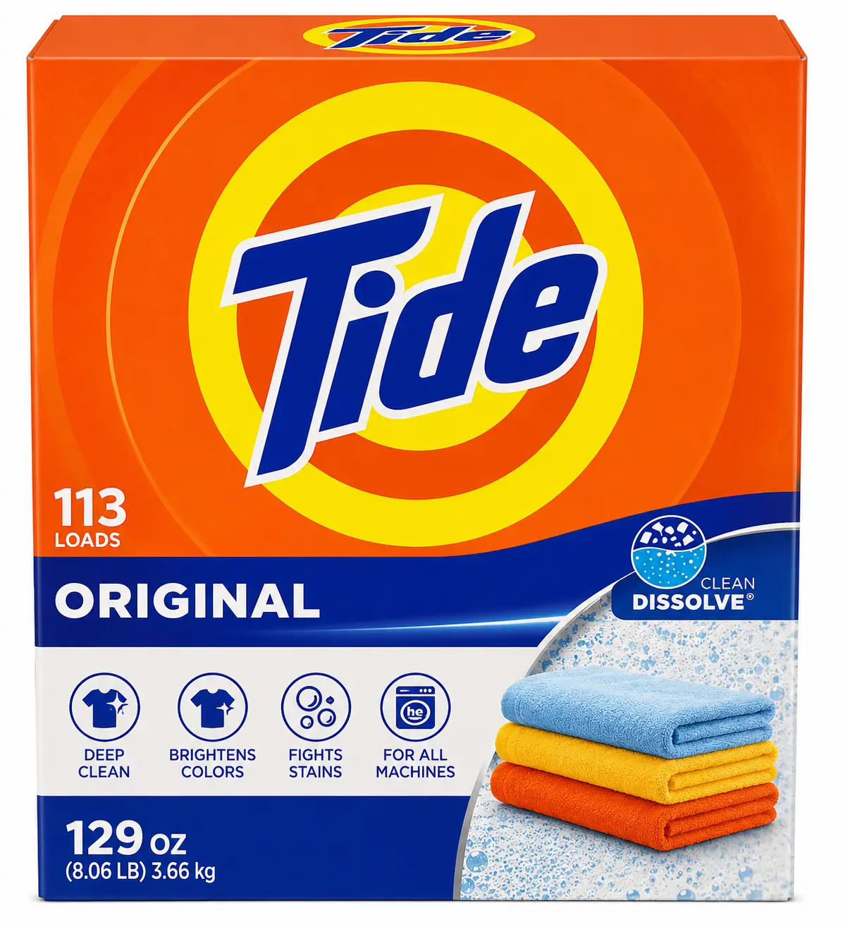 Tide Original Powder Laundry Detergent, 129 oz (8.06 lb), 113 Loads, HE Compatible, Deep Clean, Brightens Colors & Fights Tough Stains