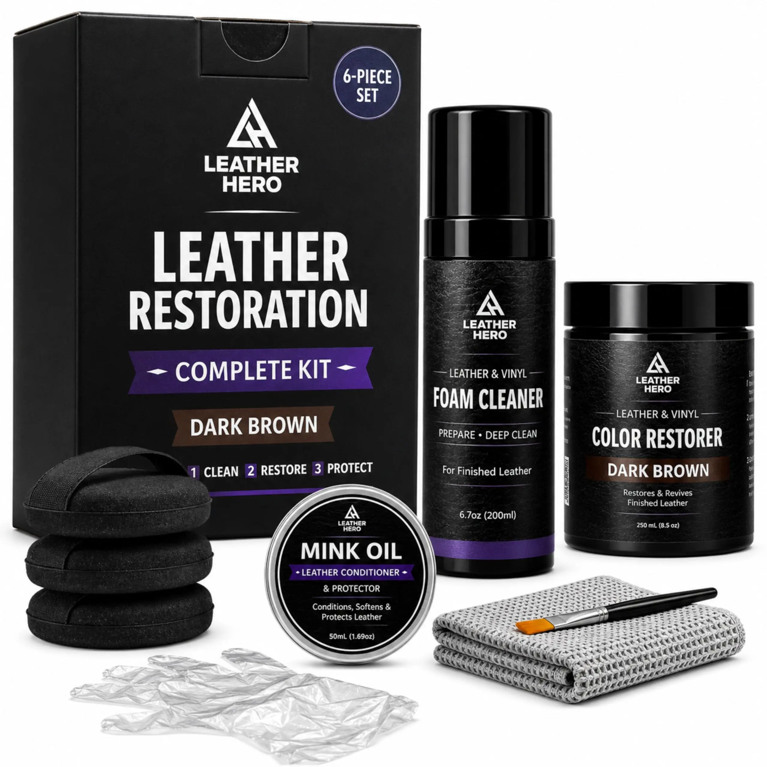 Leather Hero Color Restorer Kit - Dark Brown Leather Recoloring Balm for Furniture, Couches, Car Seats & Shoes 9-Piece Kit