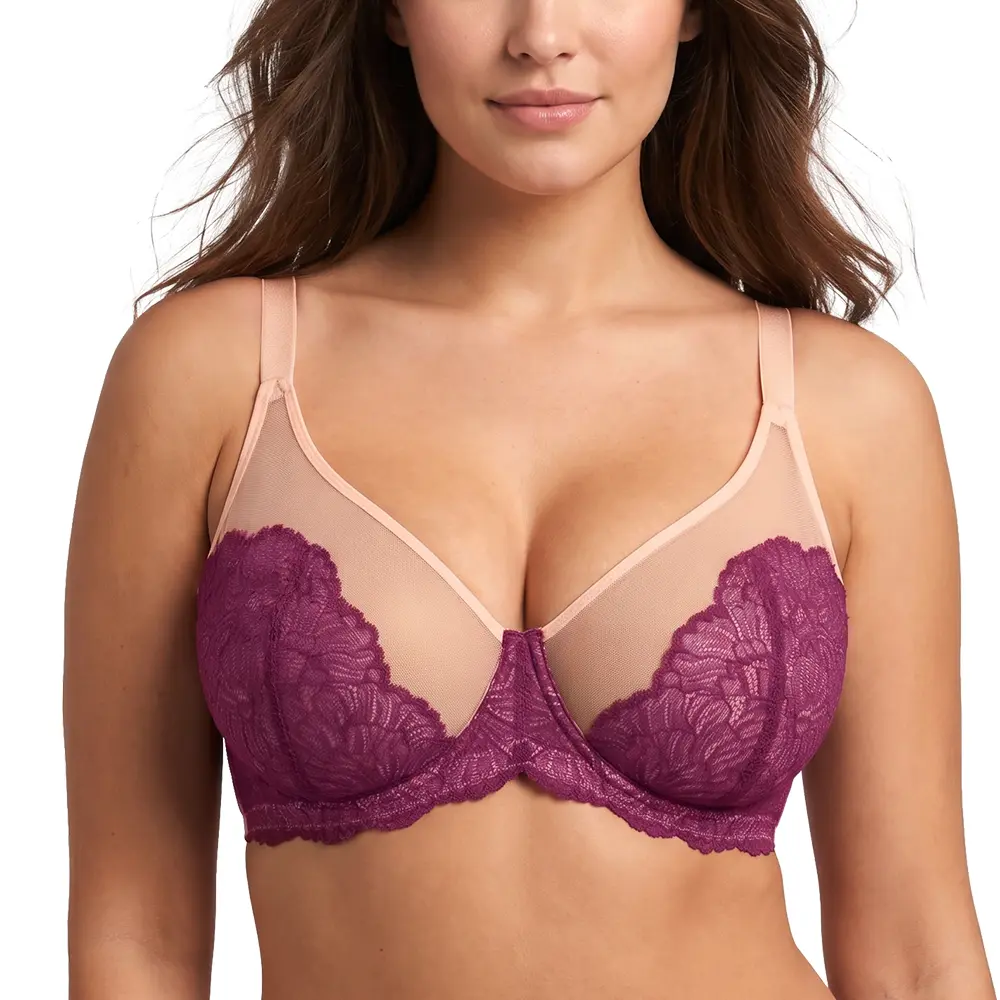 HSIA Blossom Vibrant Colors Unlined Plus Size Lace Sheer Mesh Underwire Full Coverage Bra for Women Bra Non Padded Bra Minimizer Bra Lifting Support Daily Large Bust Bras Lightweight Breathable Comfort Brassiere