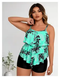 Plus Size Tankini Swimsuit - Women's Tropical Floral Bathing Suit with Ruffle, Flowy Tummy Control Swimtop & High Waisted Bottoms, 14W-30W