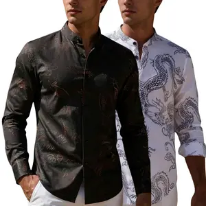 Men’s Chinese‑style dragon‑patterned stand‑collar long‑sleeve shirt for spring and autumn; printed men’s shirt top