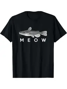 Funny Catfish "Meow" Graphic T-Shirt - Black, Soft & Breathable, Lightweight Cotton, Regular Fit, Machine Washable, Perfect for Fishing Enthusiasts, Casual Wear|Humorous Graphic Tee|Machine Washable Shirt