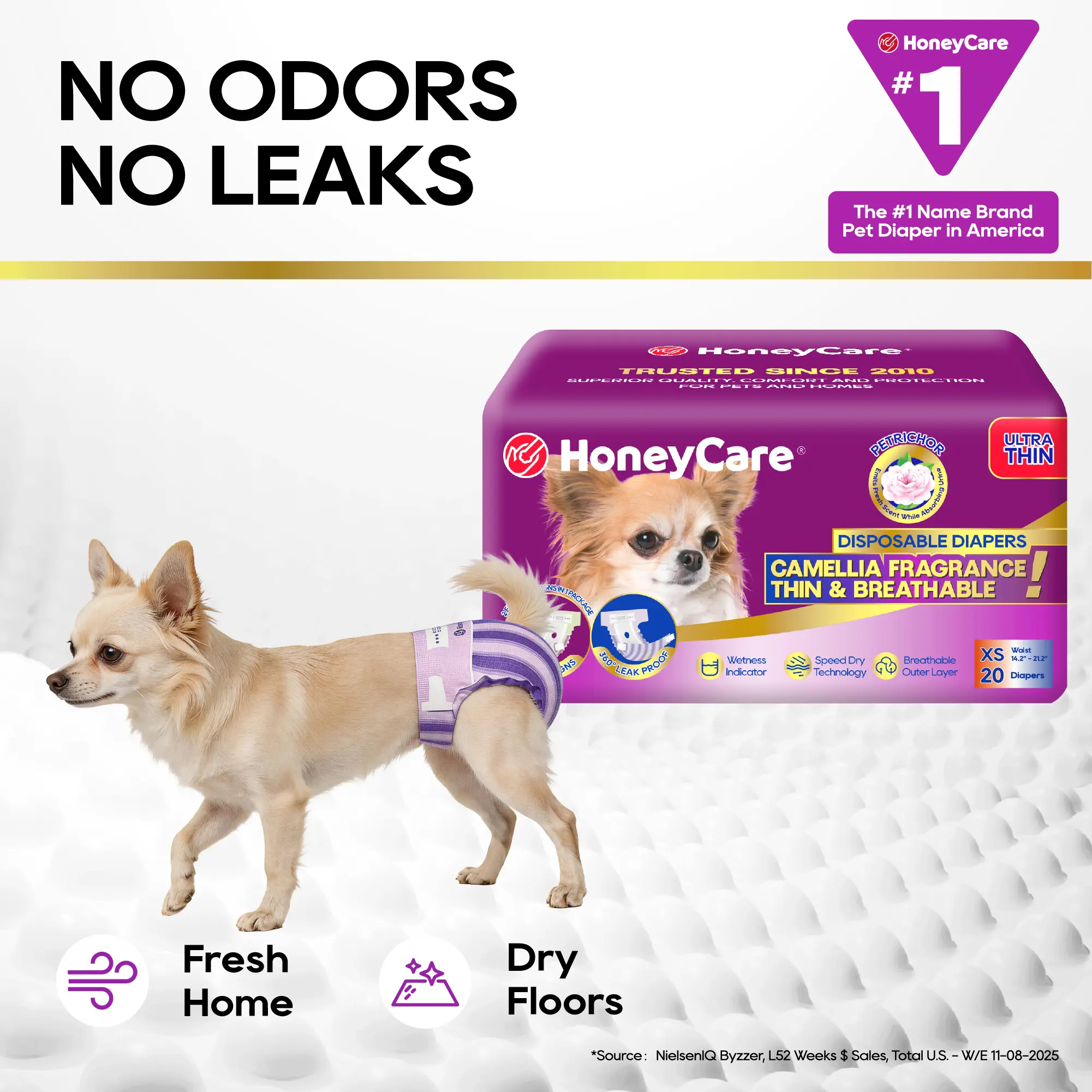 [D] HoneyCare Petrichor Disposable for Female Male Dog  Diapers Wrpas Pull-it-Up,Scented Camellia Fragrance, Odor Eliminating, Stretchy Fabric, Comfortable, Thin & Breathable, 2 Fashion Designs per Package, 4-in-1 Absorbent Liner