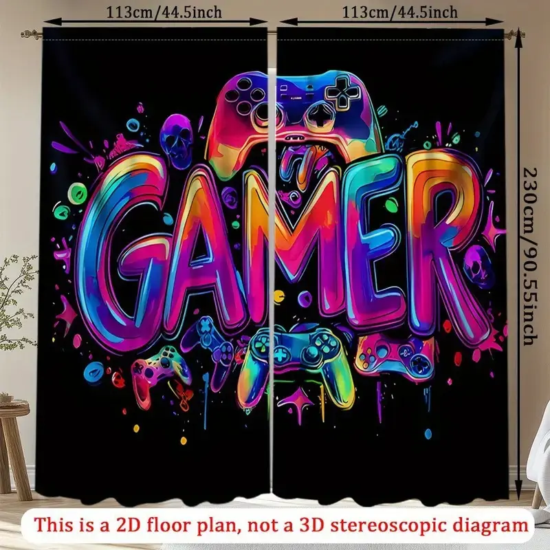 Game Theme Home Decoration Curtain Set, Window Drapes, Vibrant Headphone Controller Design, Perfect for Game Room Decor, Enhance Your Gaming Experience