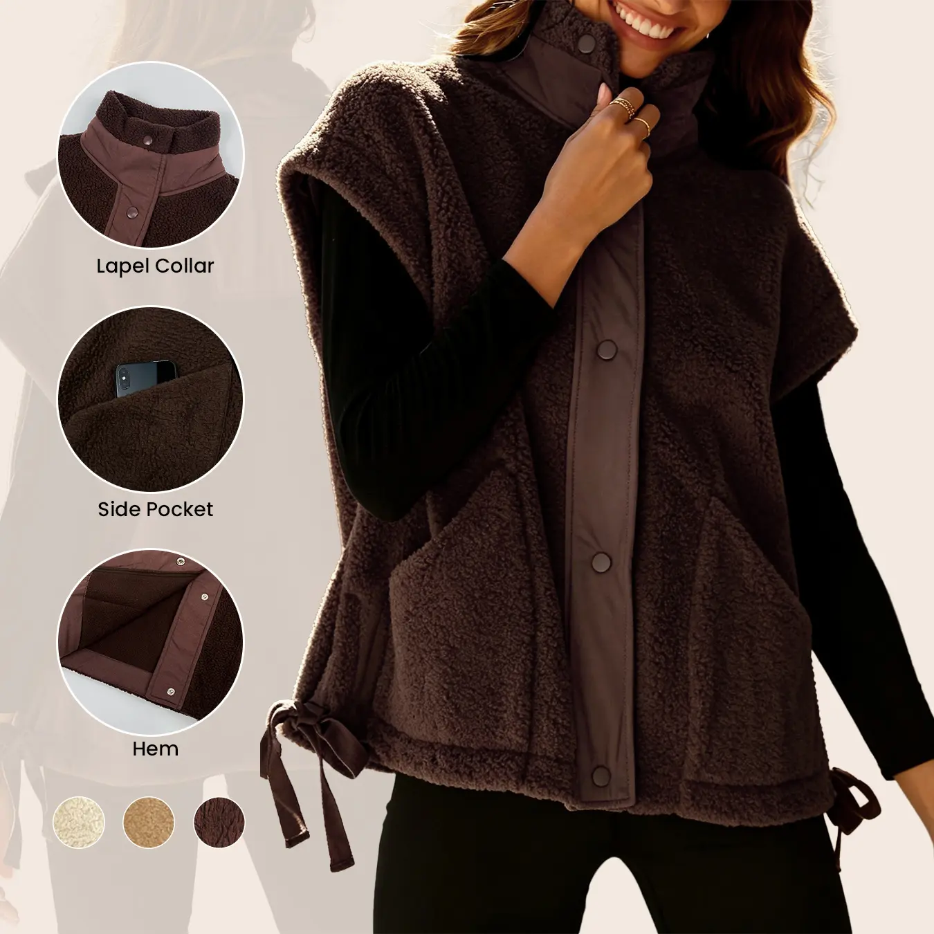 Aswulk Women's Fuzzy Fleece Vest Oversized Sleeveless Sherpa Jacket Warm Button Down Gilet Outerwear With Pockets