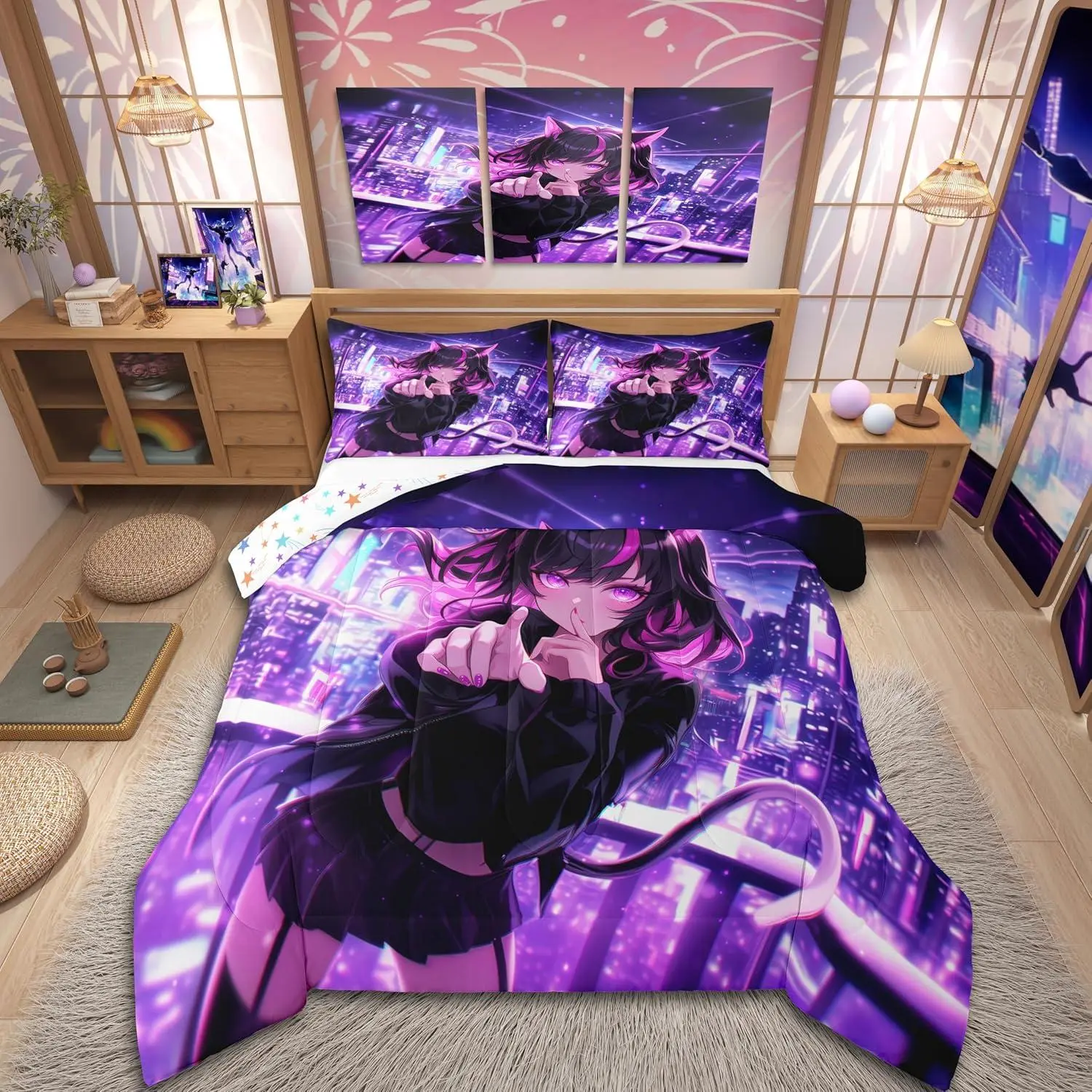 Kids Anime Girl Bedding Set,Japanese Anime Comforter Set,Cartoon Girl Duvet Insert for Boys Teens Bedroom Decor,Kawaii Japanese Animation Quilt with