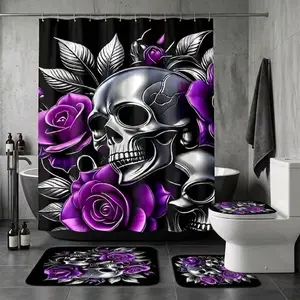 4Pcs Shower Curtain Set Gothic Skull, Purple Rose, Silver Accent, Bathroom Sets with Rugs Christmas Halloween Thanksgiving, Bathroom Decor Bold Gothic Skull And Vibrant Purple Roses With Silver Accents For Dramatic Bathroom Style