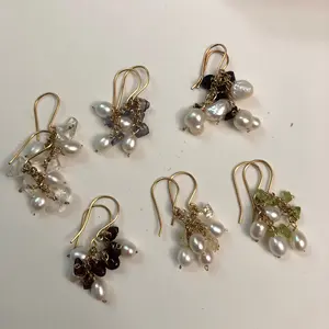 Gold Plated Handmade Rice Pearl and Gemstone Cluster Dangling Earrings