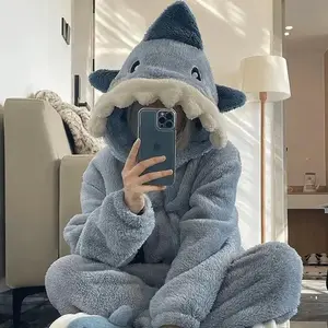 Cute Blue Shark Pajamas Long Sleeve Jumpsuit Animal Autumn Homewear Winter Sleepwear Cosplay Costume for Women and Men