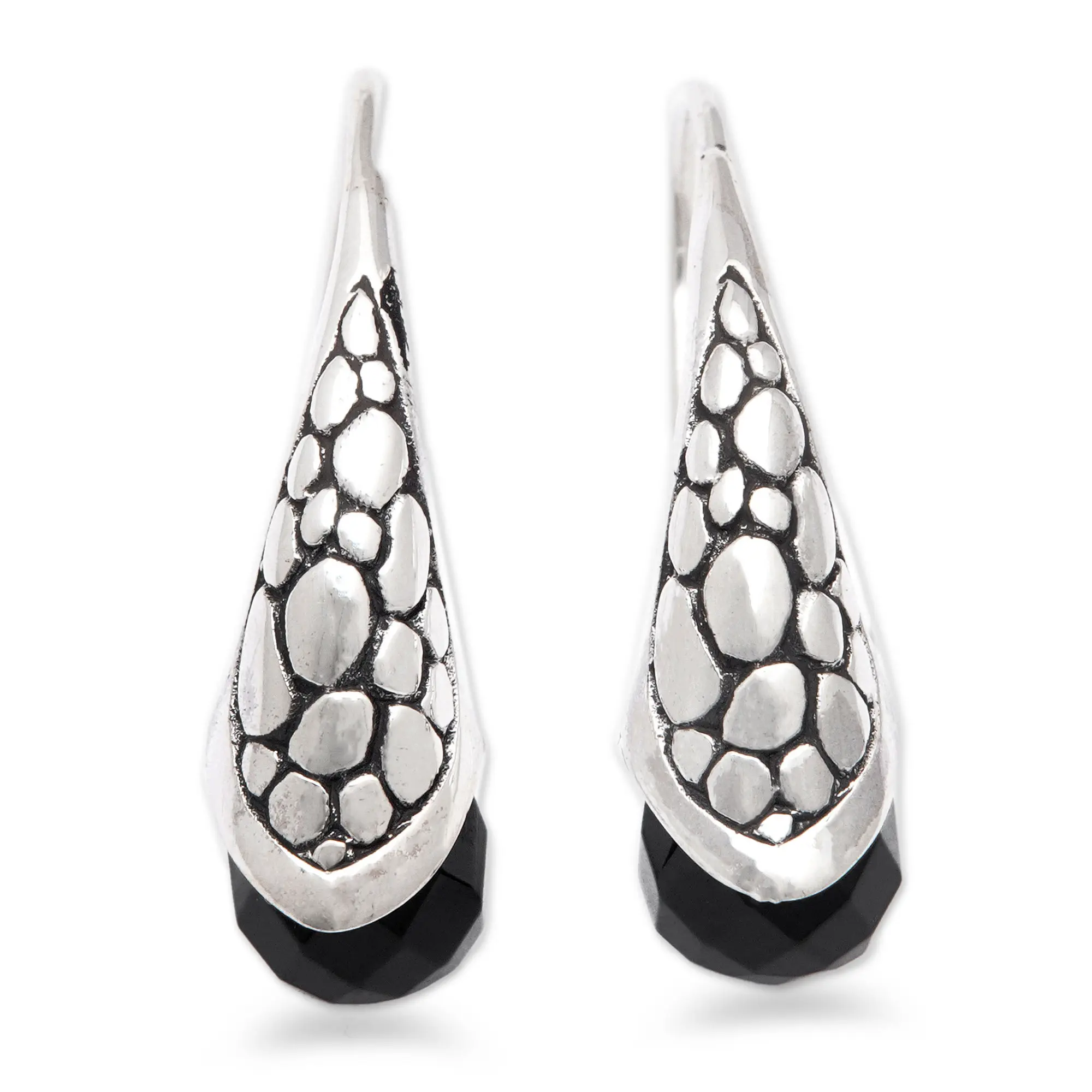 Novica Artisan Handcrafted Black Onyx Drop Earrings In Sterling Silver | Chalcedony And Black Agate Stone | French Wire | Indonesia Tone | Black Birthstone | 1" L X 0.3" W X 0.3" D | 'Midnight Spell'