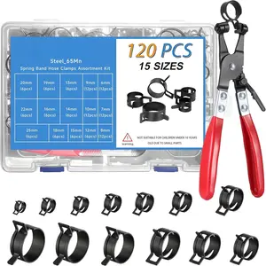 120Pcs 1/4" to 1" (6-25mm) Spring Band Hose Clamps Assortment Kit with Swivel Flat Hose Clamp Plier, Constant Tension Steel Clamps for Fuel Lines, Silicone,Vacuum Hoses