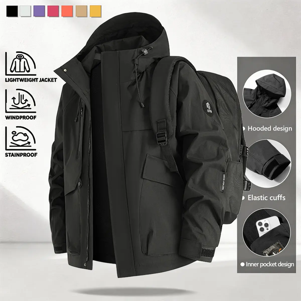 Men’s water-resistant multi-pocket hooded tactical jacket, ripstop windproof soft outerwear with adjustable hood and cuffs, functional cargo coat for hiking, camping, travel, winter, daily street, and outdoor activities