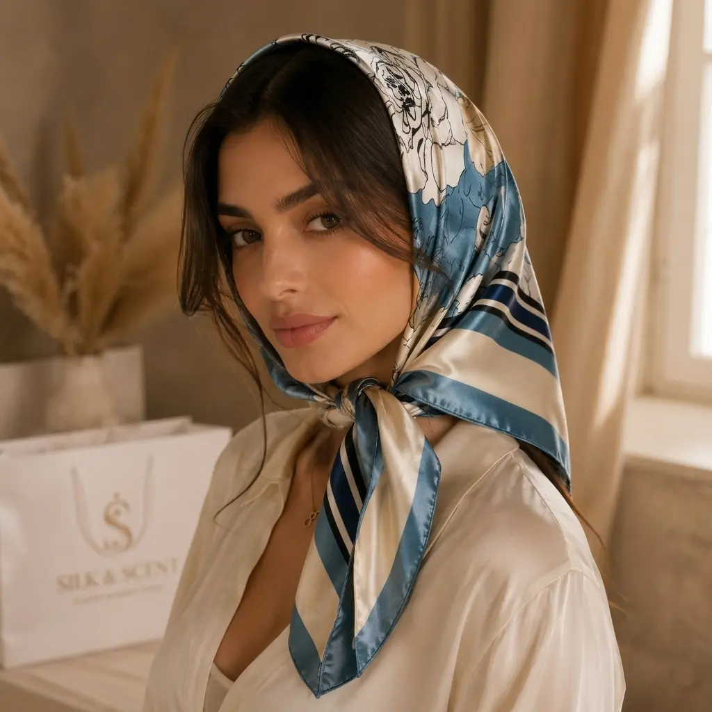 Women's Satin Silk Feel Square Head Scarf 90x90cm – Elegant Blue Floral Print Hair Wrap, Neck Scarf & Fashion Bandana