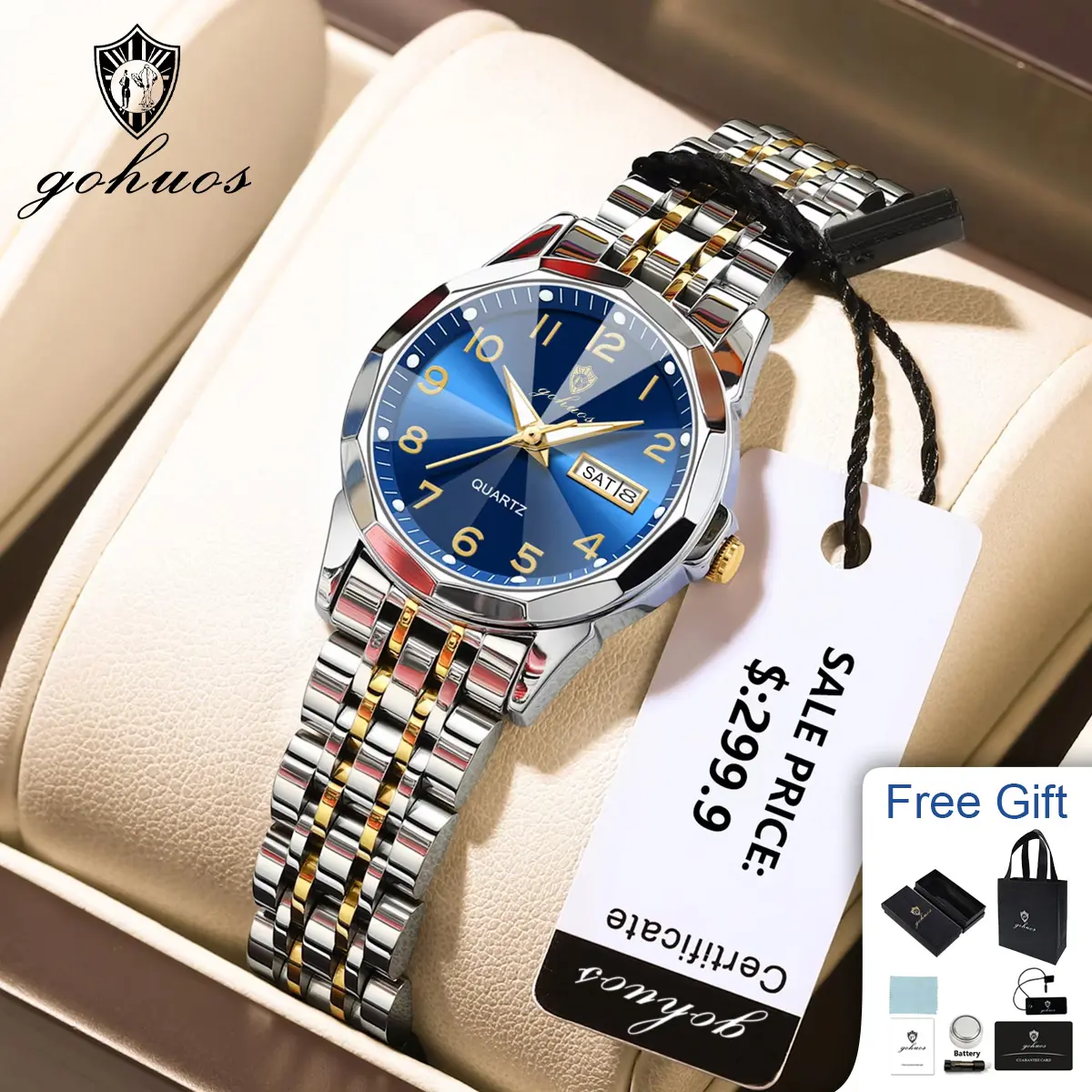 GOHUOS Fashion Ladies Watch Waterproof Luminous Date Week Watches For Woman High Quality Quartz Stainless Steel Women's Watch