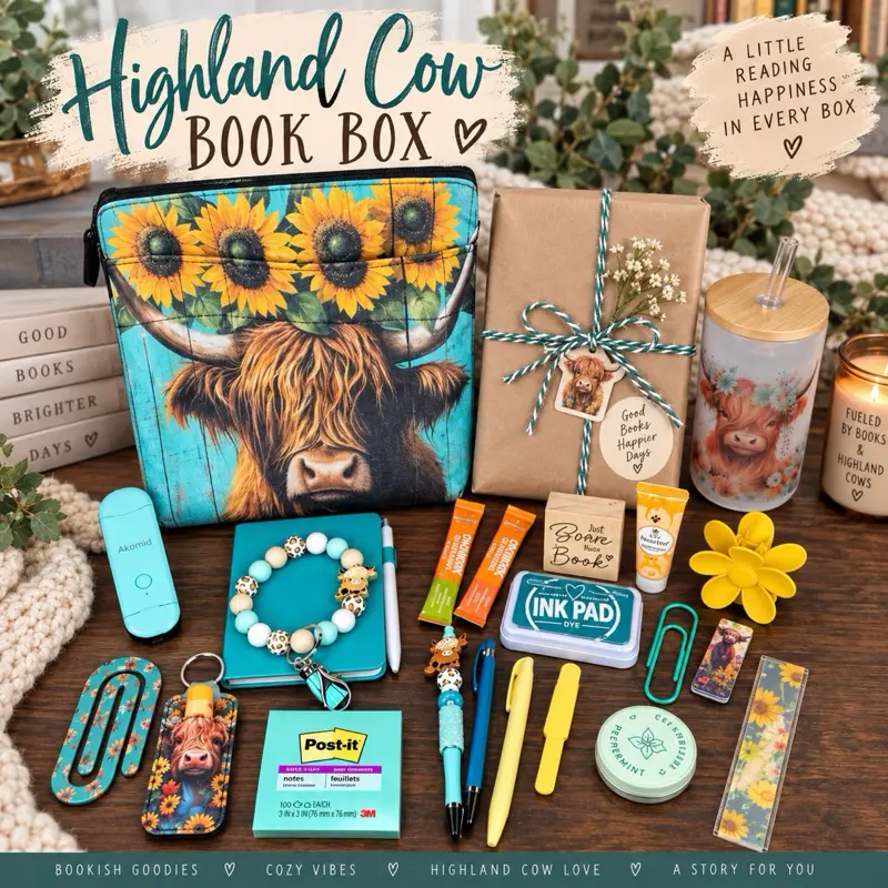 Highland Cow Bookish Box in Teal