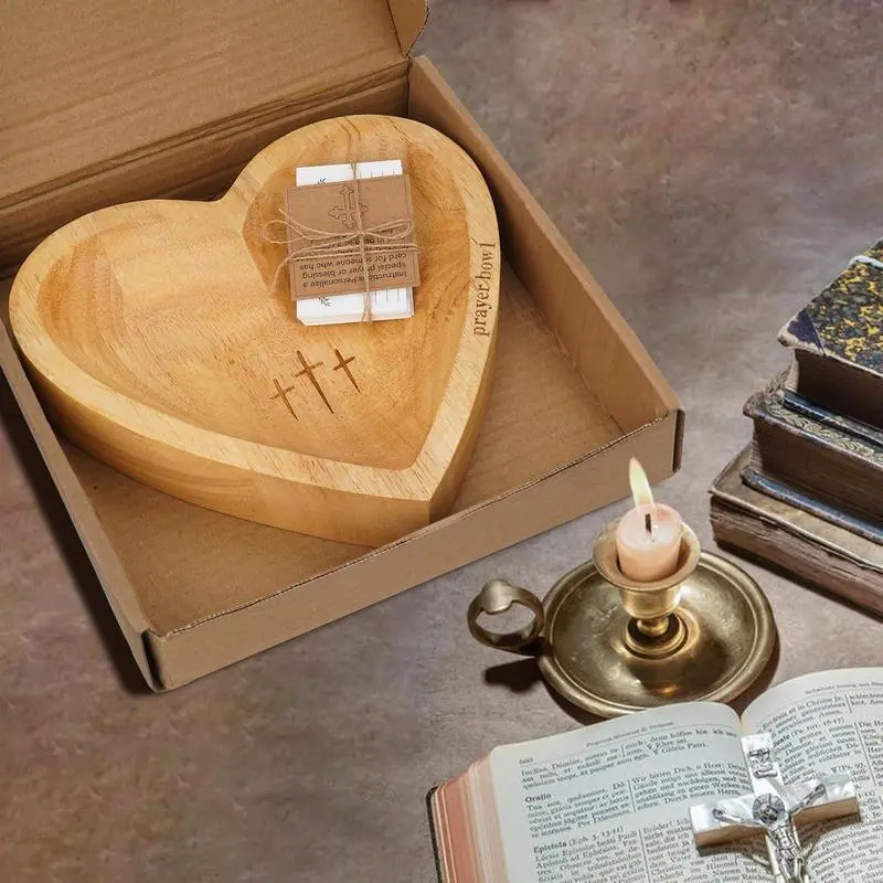 Prayer Bowl with Cards, Heart Prayer Bowl Wooden, Christian Gifts for Women Men, Wood Prayer Dough Bowl, Heart Shaped Decor Bowl, Mothers Day Gifts, Birthday, Retirement, Religious Gift for Mom Dad Decoration