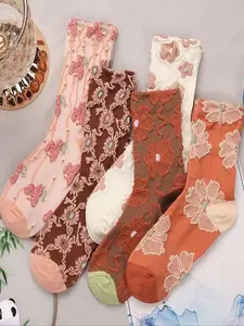Women's Vintage Ethnic Floral Embossed Mid-Calf Socks, 5 Pairs Casual Versatile Daily Wear, Retro Artistic Style, Casual Stylish Socks