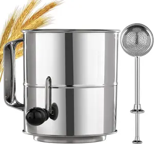 Flour Sifter - 5 Cup Fine Mesh Hand Crank Sifter Stainless Steel with Agitator Wire Loop for Baking, Powdered Sugar Duster Set Kitchen Utensils Filter Traditional