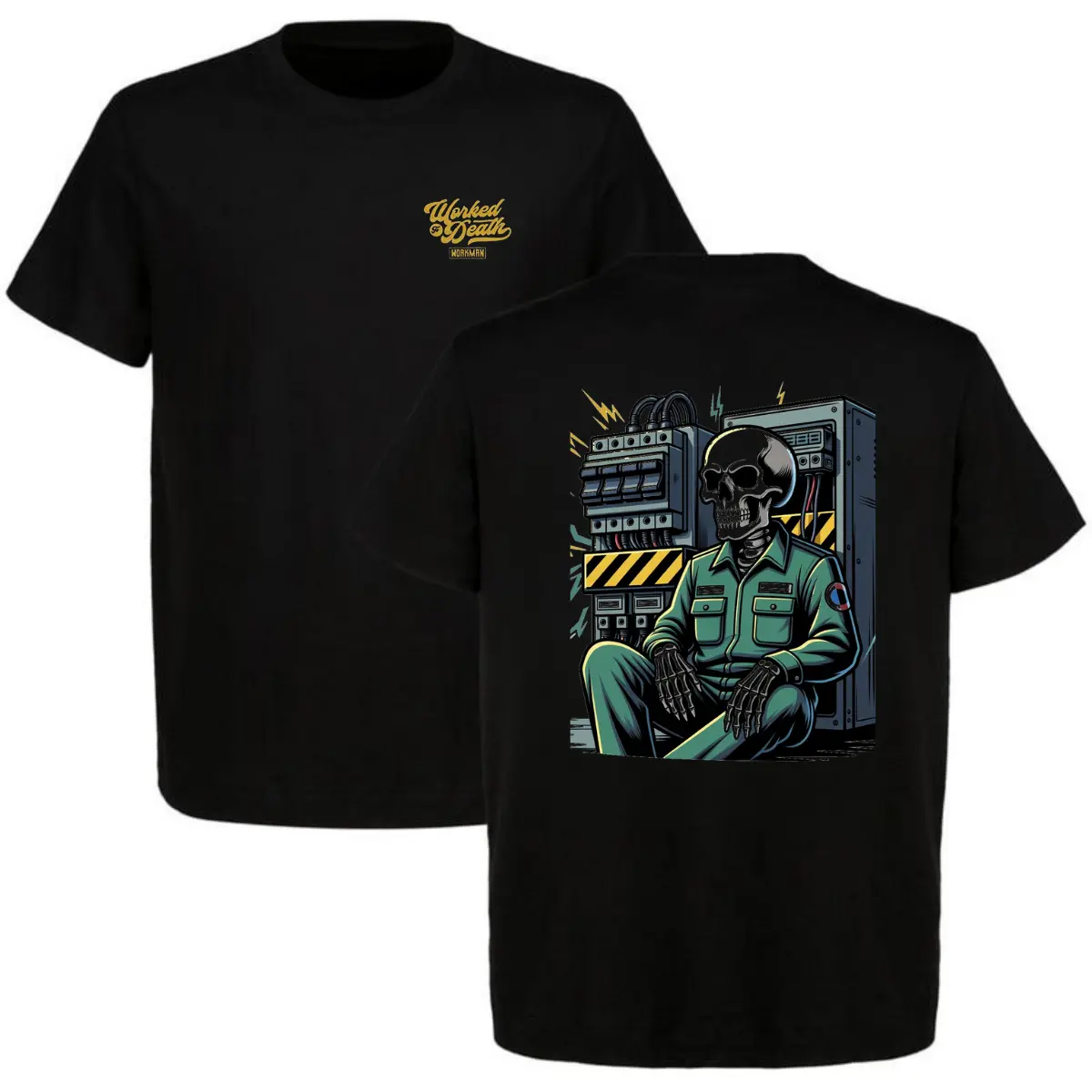 Chilling Skeleton Electrician Sitting by Panel Black T-Shirt - Relaxed Workman Skull Graphic, Cool Blue Collar Tee for Electrical Professionals