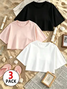 Women's 3 Pack Crop Tops, Casual Short Sleeve Crew Neck Basic Cropped T-Shirts, Loose Fit Summer Beach Outfits, Y2K Festival Outfits, Soft Streetwear Multi-Color Tees, Daily Wear, Summer OOTD Essentials, Womenswear