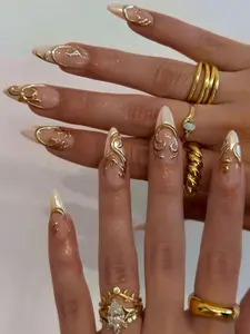 Handmade Gold Baroque Almond Press On Nails, 3D Chrome Bridal Wedding Nail Art