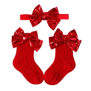 Baby Girls Socks Headband Set Breathable Knit Bow Princess Socks for Party, Wedding, Photography