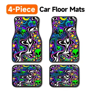 4-Piece Trippy Alien Psychedelic Print Car Floor Mats, Universal Fit Non-Slip Automotive Floor Liners with Heavy Duty Backing, All-Weather Waterproof Dustproof Auto Interior Accessories for Cars, SUVs, Sedans & Vans, Neon Groovy Space Extraterrestrial Des