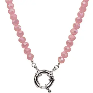 Crystalized 8mm Beaded Sailor Clasp Charm 18" Necklace (Sterling Silvertone/Pink Opal)