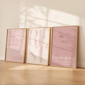 Blush Bedroom Wall Art Unframed Set of 3, Pink Rest Quote Prints, Calm Feminine Bedroom Decor, Minimalist Affirmation Wall Art