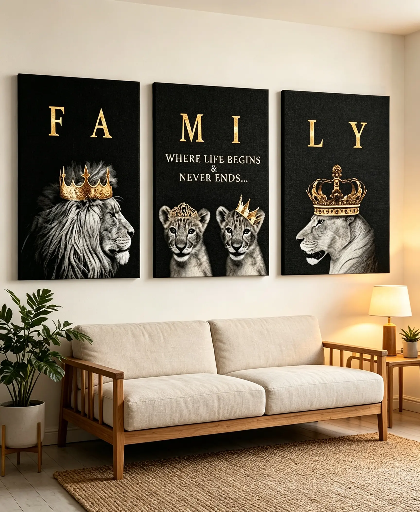 3pcs Framed Modern Abstract Family Of Lions Motivational Quotes Wall Art Canvas Painting Art, Wall Art Picture, For Living Room Cuadros Decor, Wooden Framed(Wrapped Canvas)