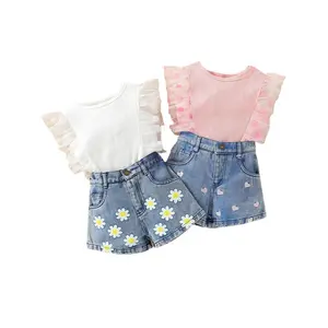 Infant & Toddler Baby Girls Floral Ruffle Sleeveless Shirts & Denim Shorts Summer Clothes Set for 3-4 Years