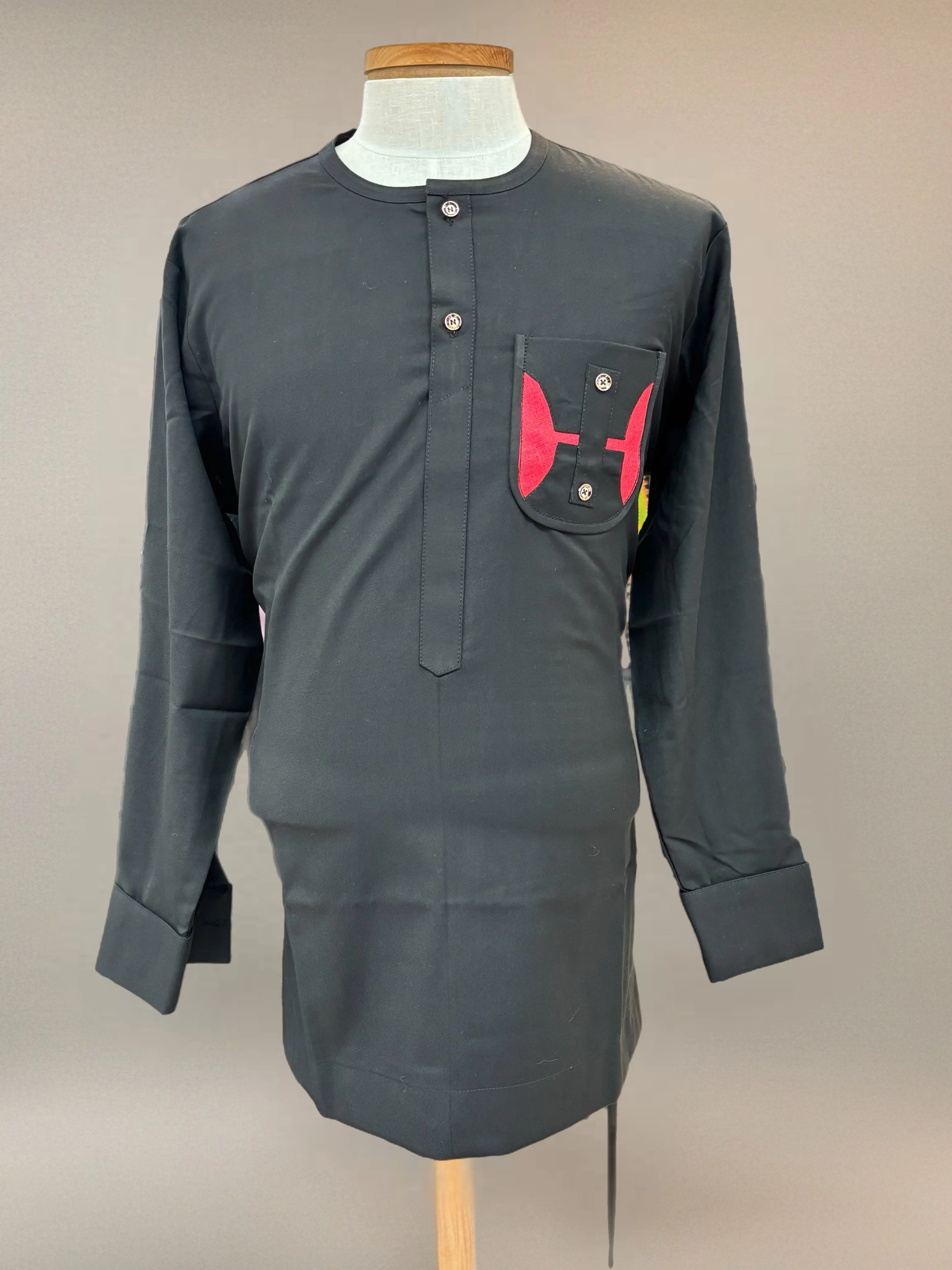 African Mens Black & Red Long Sleeve Dashiki 2 Piece Set
