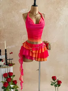 Women's Sexy Fitted Vacation Style Gradient Halter Neck Top & Ruffled Hem Skirt Two-Piece Set, Trendy Summer, Casual Fashion