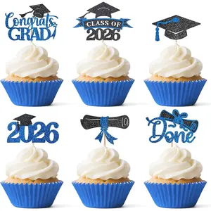48Pcs 2026 Graduation Cupcake Toppers Class of 2026 Cupcake Picks Grad Cap Diploma Cake Decorations for 2026 Graduation Theme Party Supplies Black&Blue