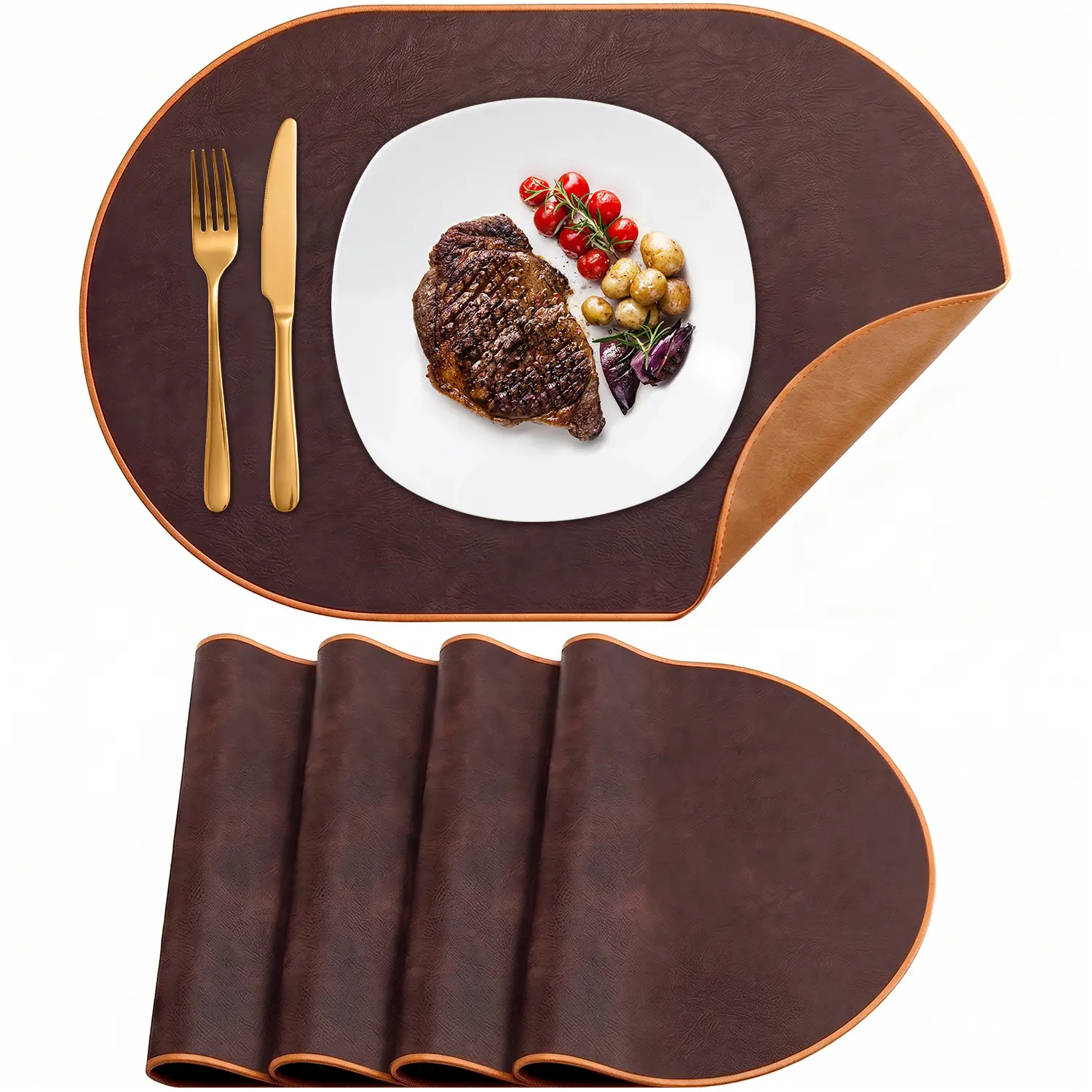 Leather Placemats, Reversible Dual-Color Heat Resistant Oval Faux Leather Placemats Set of 4 Washable 12 x 18 Inch, Waterproof Table Mats, Wipeable Pu Place Mats for Kitchen, Dining Room,home goods