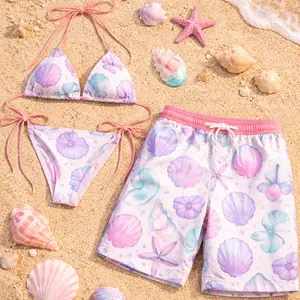 Pastel Seashell Couple Swimwear Set – Matching Bikini & Men’s Beach Shorts, Coastal Ocean Vacation Outfit, Cute Summer Beachwear Style