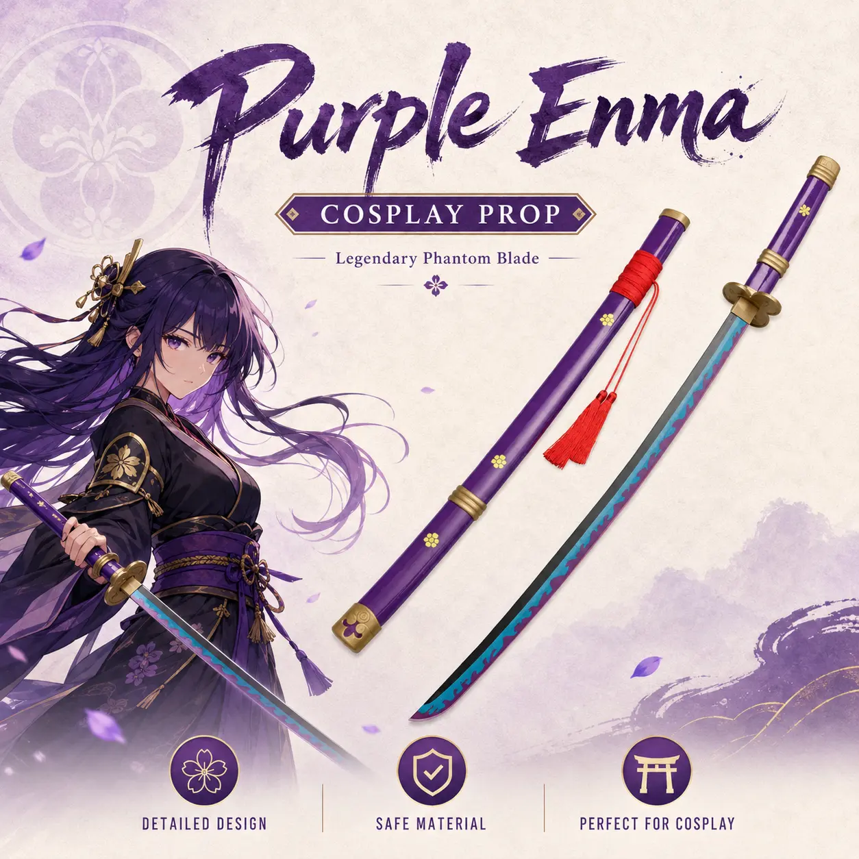 1-Piece Zoro Purple Enma Anime Prop Wooden Samurai Sword with Scabbard, Lightweight Safe for Cosplay Toy Replica, Halloween Costume Accessory for Ages 12+ Collection