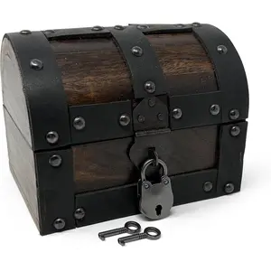Wooden Treasure Chest Storage Box - Deluxe Design with Real Leather Accents, Working Iron Lock & , Decorative Keepsake Chest (X-Small - 5.5 x 4 x 4)