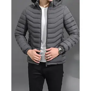 Fashion men's wear?? Men's Elegant Hooded Winter Coat - Full-Zip Insulated Jacket with Removable Hood, Padded Windproof Windbreaker, Polyester Insulation & Zippered Pockets, Navy Blue Casual Outerwear for Cold Weather (Hand Wash/D