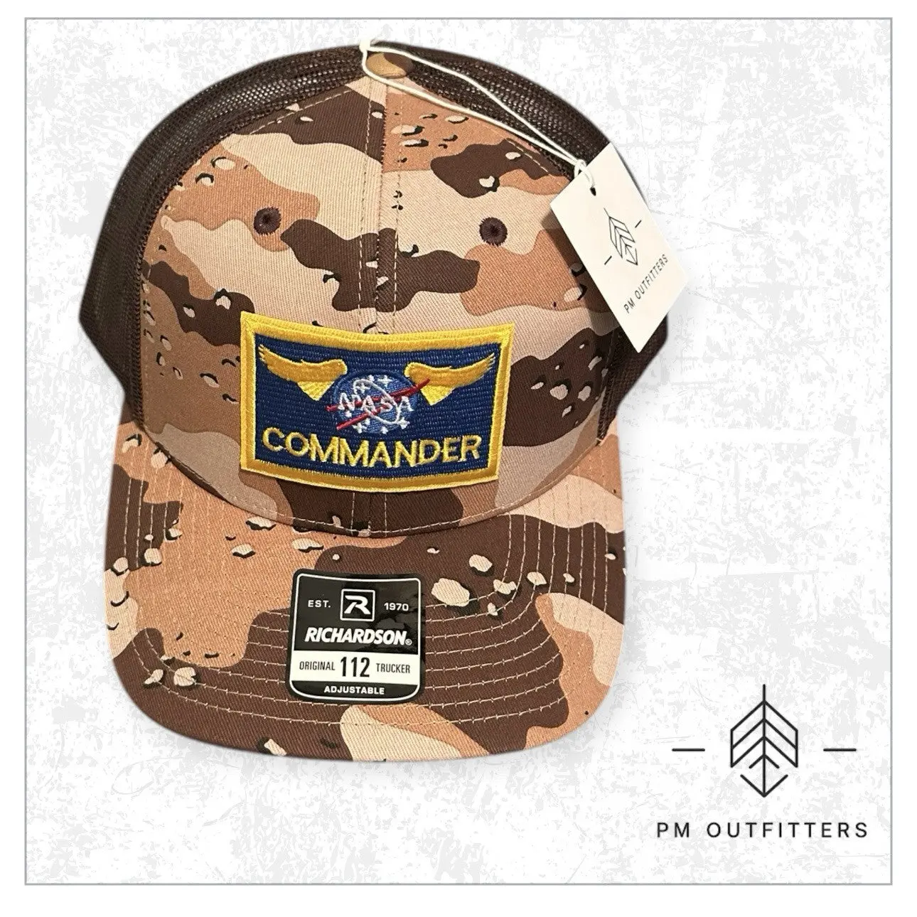 NASA Commander Trucker Hat – PM Outfitters Embroidered Patch | Richardson 112 Desert Camo Brown | Space Heritage