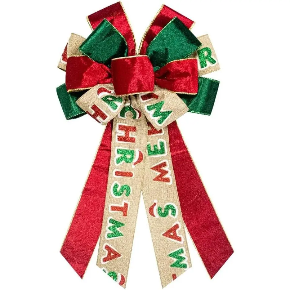 Hying Large Christmas Bow for Wreath, Green Red Velvet Bows for Front Door Wall Fence Decor, Merry Christmas Words Wreath Bow Tree Topper Bow for Winter Christmas Party Decoration Supplies