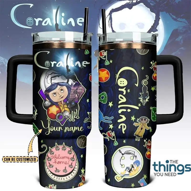 Coraline 20oz - 40oz Tumbler Stainless Steel with Straw, Double Wall Insulated, With Handle – Epic Cartoon Movies Series Design, Perfect Gift for Fans