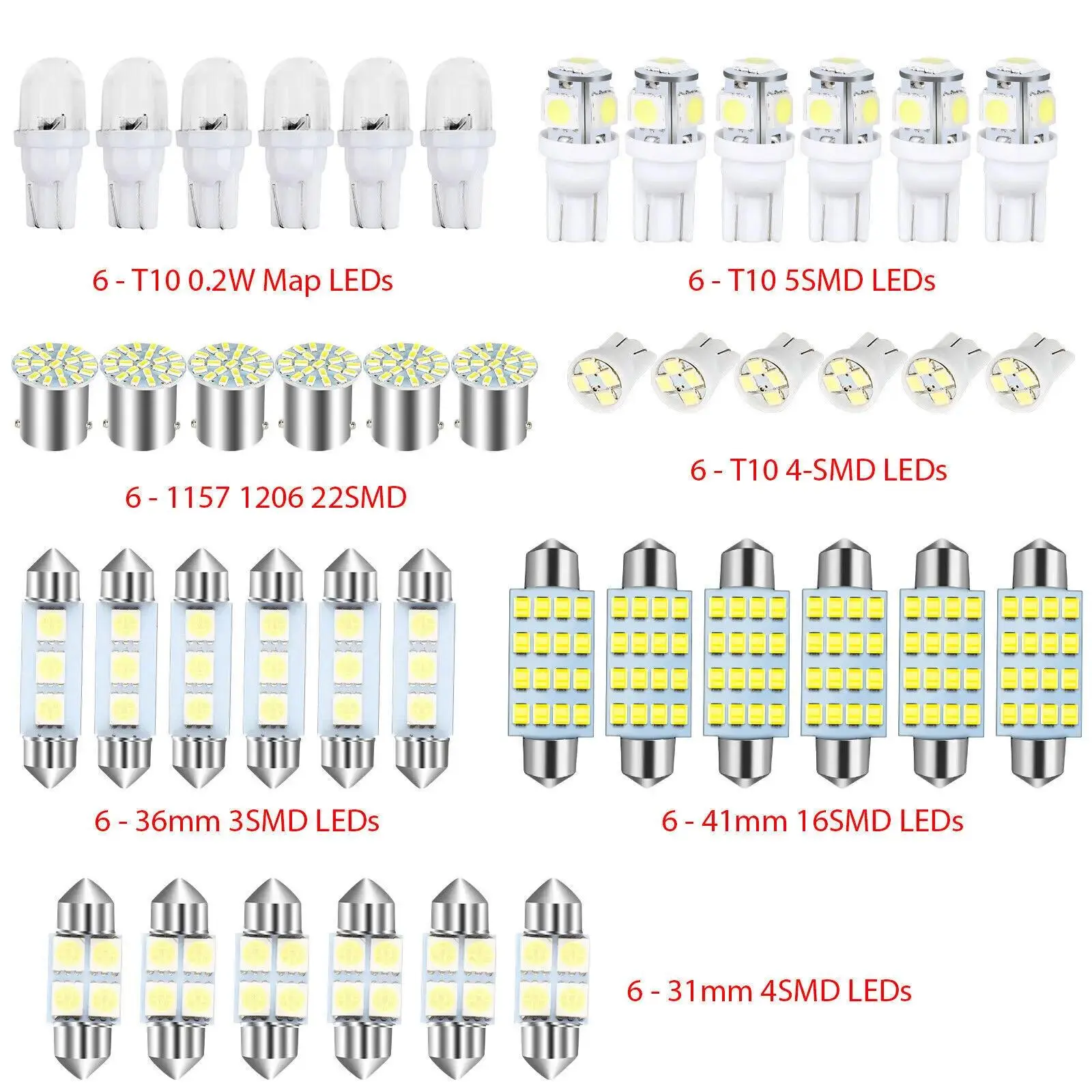 42PCS 6500K Bright White Car Interior LED Light Kit, Energy Saving Replacement Bulbs for Dome, Map, Door, Trunk, License Plate, Universal Automotive Interior Lighting Accessories