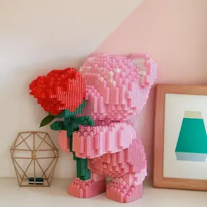 Bride Bouquet Teddy Bear Building Set, Rose Building Blocks, 1842 Pieces Miniature Blocks, Adult Gift, Model Xinghao Kz-Dr-201