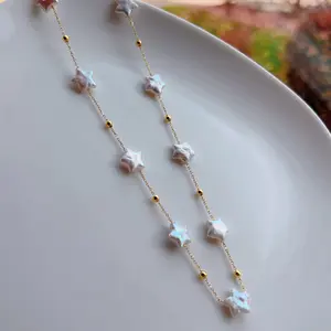 Piswency Starry Star Pearl Necklace, Real Freshwater Pearl Necklace, 925 Sterling Silver Chain, Natural Color Pearls, Christmas Pearl