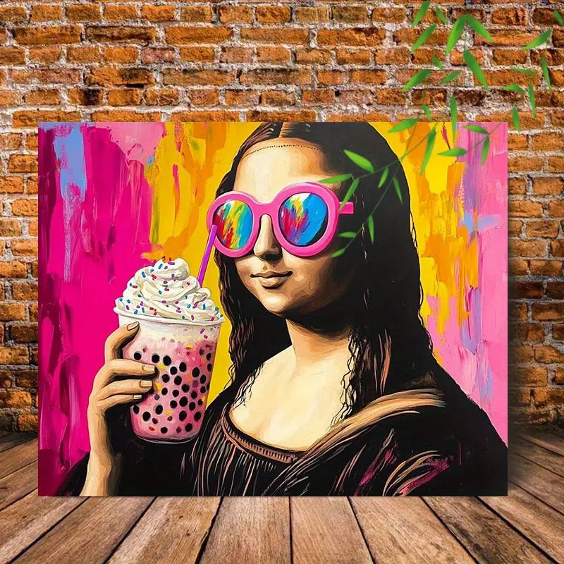 1pc Framed Wooden Canvas Painting - Whimsical Decorative Colorful Mona Lisa with Bubble Tea,Pink Glasses,Food-Themed Pop Art - Ready to Hang Wall Decor,Contemporary Art for Bedroom,Living Room - Unique Modern Home Supplies Gift