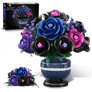 HiWEEGO Flowers Botanicals Building Set - Artificial Purple Black Rose Bonsai Plant for Home Decor, 507PCS Artificial Flowers Building Set Indoor Gothic Decoration, Christmas Birthday Gifts for Adults