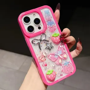 Cute fuchsia 3D strawberry butterfly star phone case Casing, Shockproof cover suitable For iPhone 17Air,16,15,14 Plus,13 Pro Max, shiny protective cover Accessories Cellphone Accessories Decorative Phone Protector