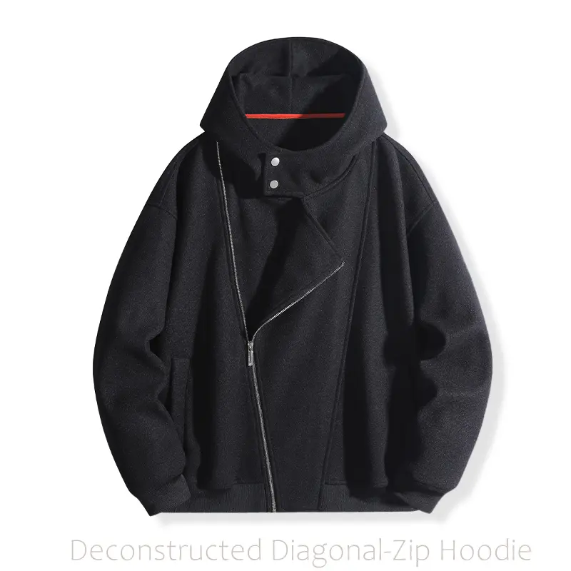 Men's Deconstructed Zip-Up Hoodie - Slanted Zipper, Asymmetrical Cut, Loose Drop-Shoulder Fit, Stylish Long Sleeve Menswear Tops Sweatshirts, Unisex Casual Streetwear for Daily Outings