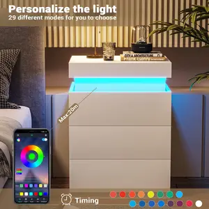 Sikaic Modern Nightstand with RGB LED Lights Charging Station 2 USB Ports 2 Outlets White Engineered Wood Rectangular Bedside Table Sliding Top Drawer 29 Modes 15.8"D x 17.7"W x 26.8"H